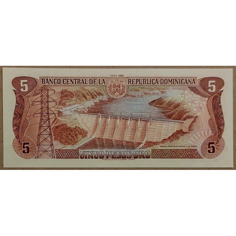 DOMİNİK CUMHURİYETİ 5 PESOS ORO 1988 P#118c  KONDİSYON 10/10