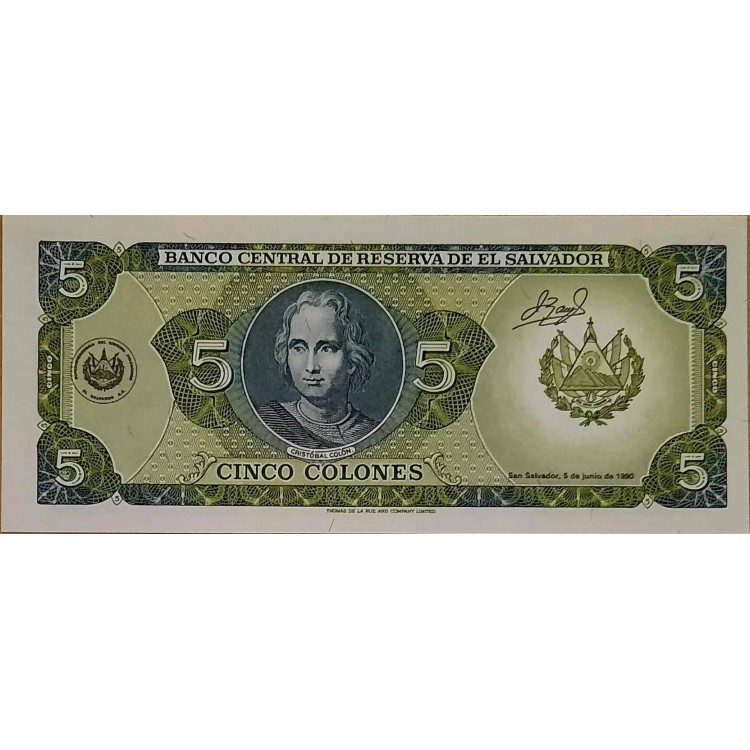 EL SALVADOR 5 COLONES PİK P-138a YIL 1990 KONDİSYON 10/10 nadirlik endeksi 45