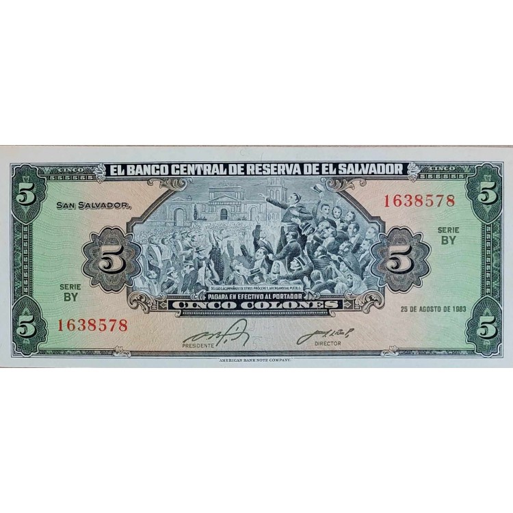 EL SALVADOR 5 COLONES PİK P-134a YIL 1983 KONDİSYON 10/10 nadirlik endeksi 54