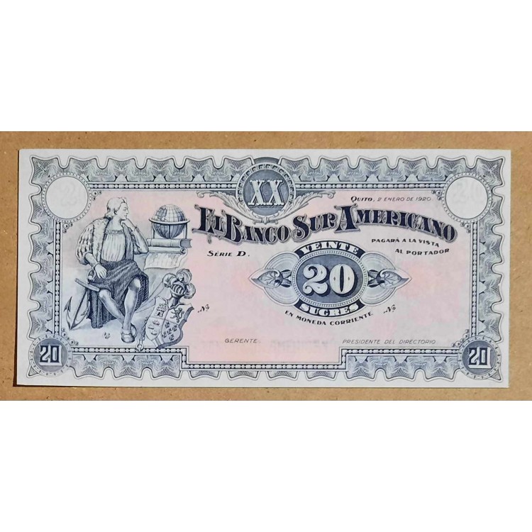 EKVADOR 20 SUCRES PİK P-pS253a REMAINDER YIL 1920 KONDİSYON 10/9,5