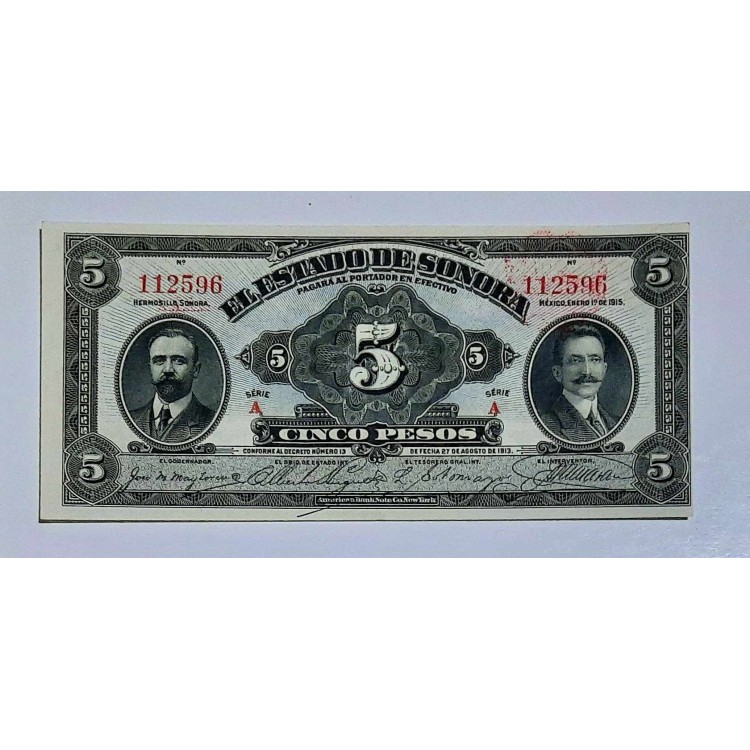 MEKSİKA 5 PESOS (SONORA) PİK P-S/1072 YIL 1915 KONDİSYON 10/10 